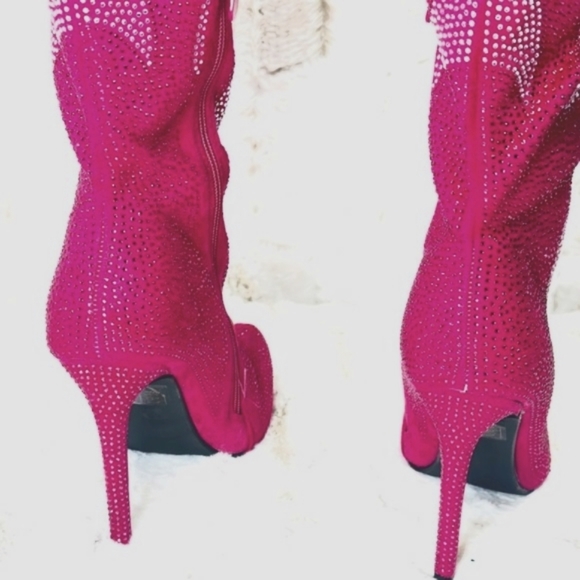 Hot Pink & Silver Rhinestone Flame Detail Sexy OTK Thigh Boots - Picture 7 of 13